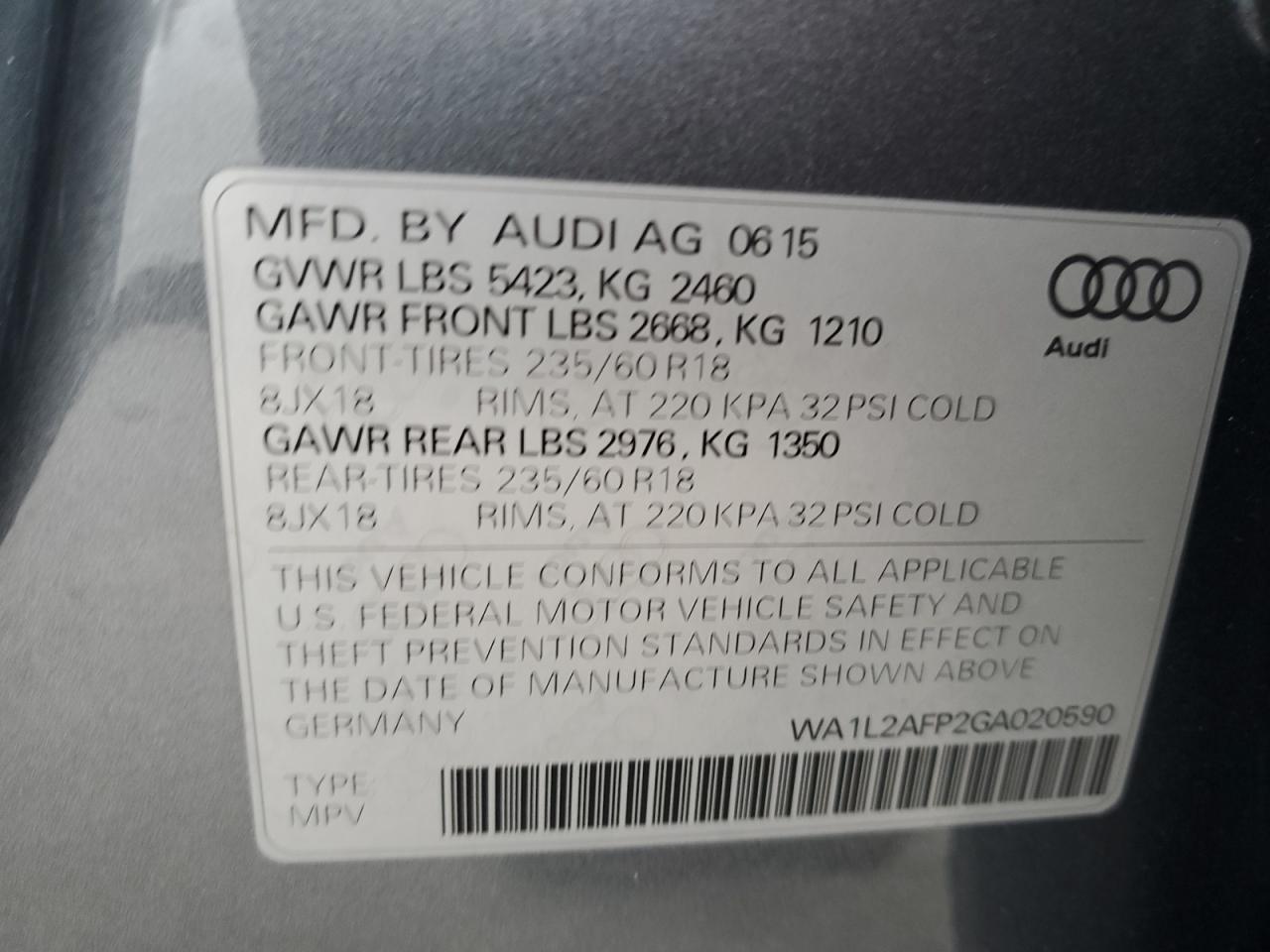 2016 Audi Q5 Premium Plus VIN: WA1L2AFP2GA020590 Lot: 85503265