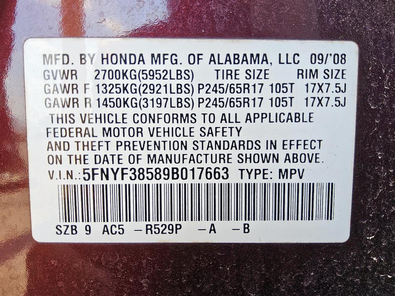 2009 Honda Pilot Exl VIN: 5FNYF38589B017663 Lot: 84784545