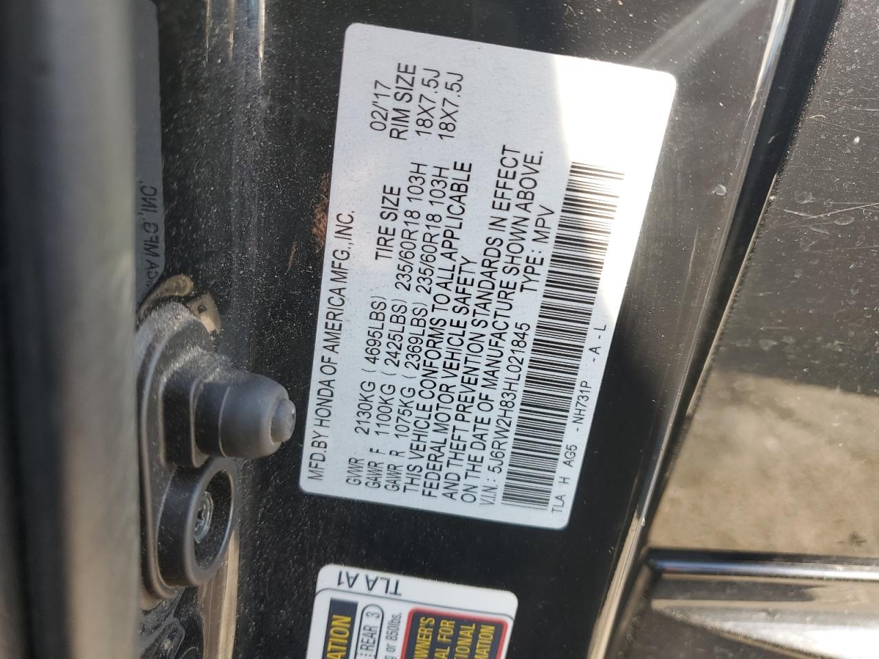 2017 Honda Cr-V Exl VIN: 5J6RW2H83HL021845 Lot: 85730585