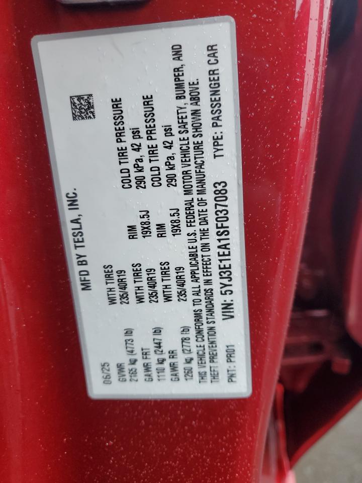 2025 Tesla Model 3 VIN: 5YJ3E1EA1SF037083 Lot: 90401345