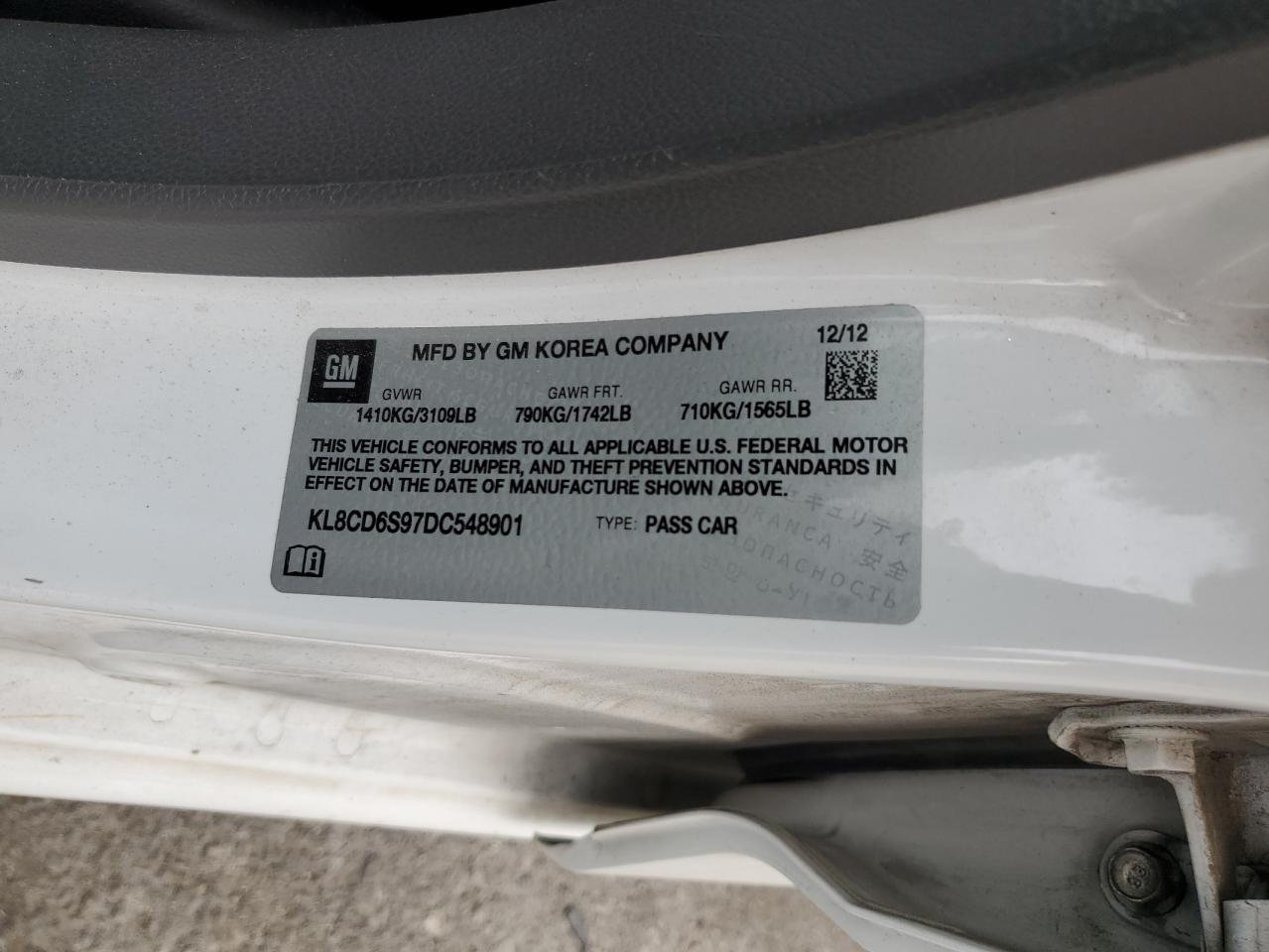 2013 Chevrolet Spark 1Lt VIN: KL8CD6S97DC548901 Lot: 84456255