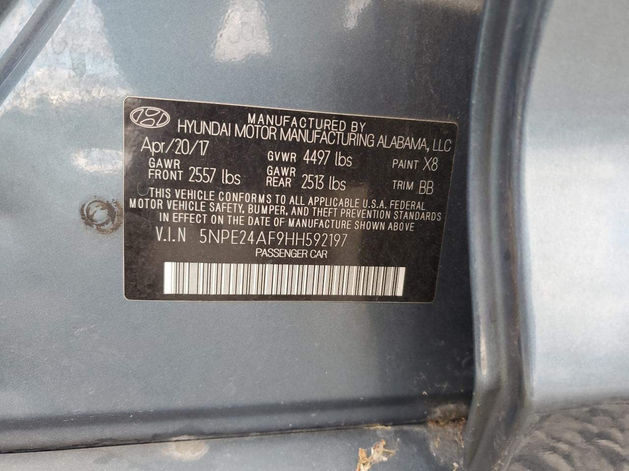 2017 Hyundai Sonata Se VIN: 5NPE24AF9HH592197 Lot: 85305205