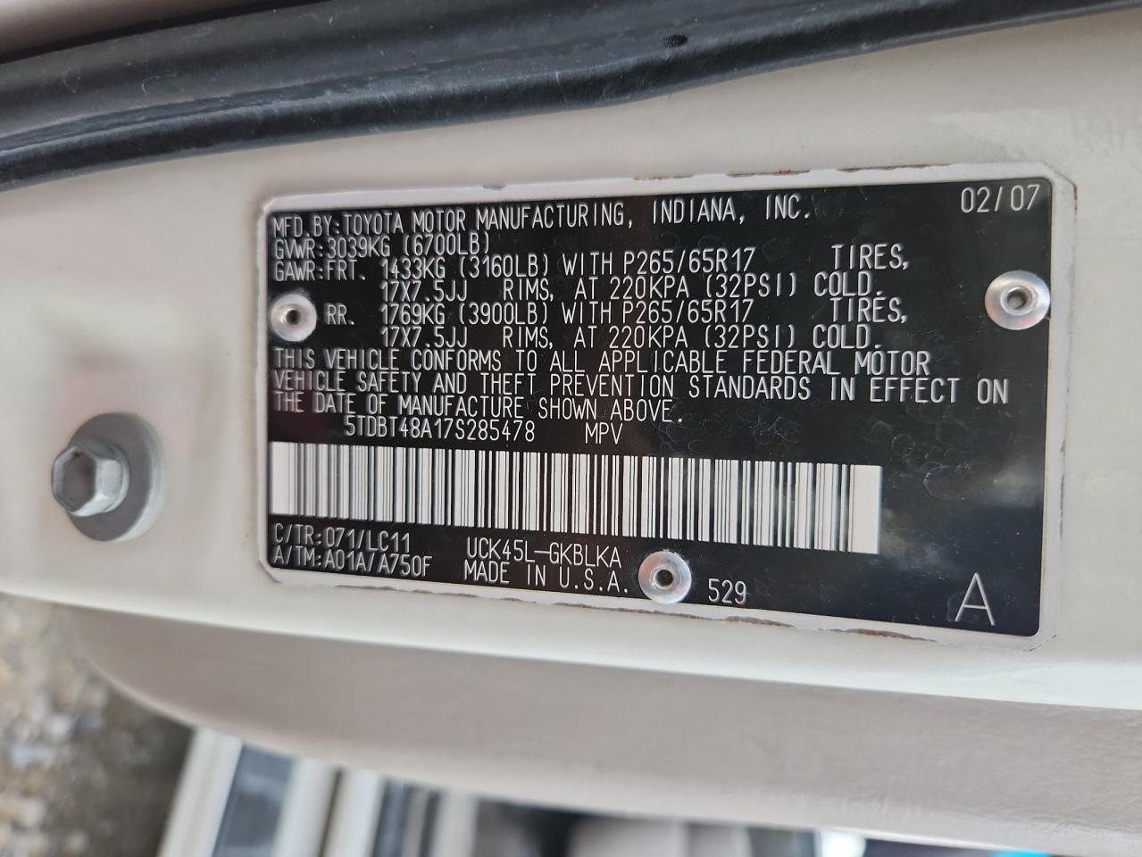 2007 Toyota Sequoia Limited VIN: 5TDBT48A17S285478 Lot: 86184575