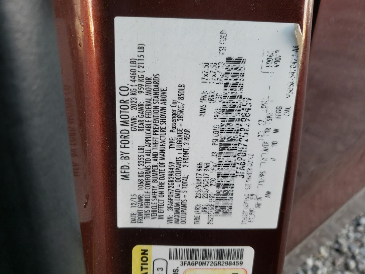 2016 Ford Fusion Se VIN: 3FA6P0H72GR298459 Lot: 86298055