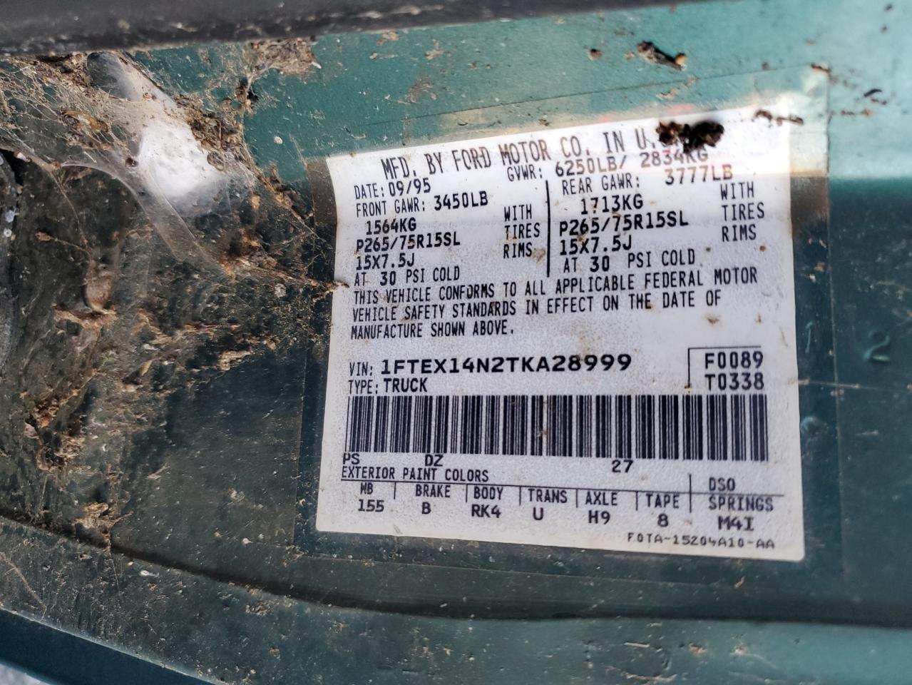 1996 Ford F150 VIN: 1FTEX14N2TKA28999 Lot: 85464705