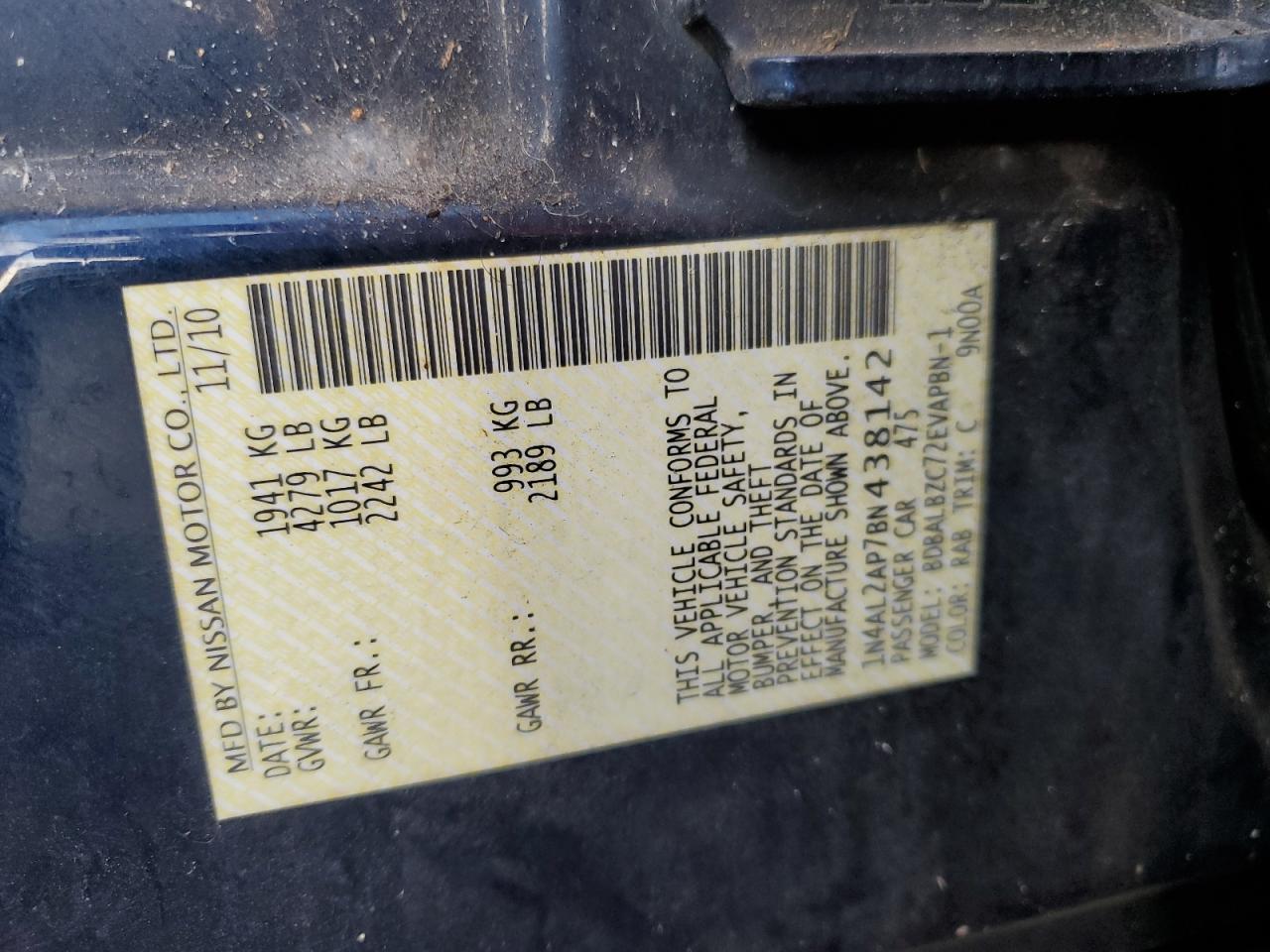 2011 Nissan Altima Base VIN: 1N4AL2AP7BN438142 Lot: 86064845