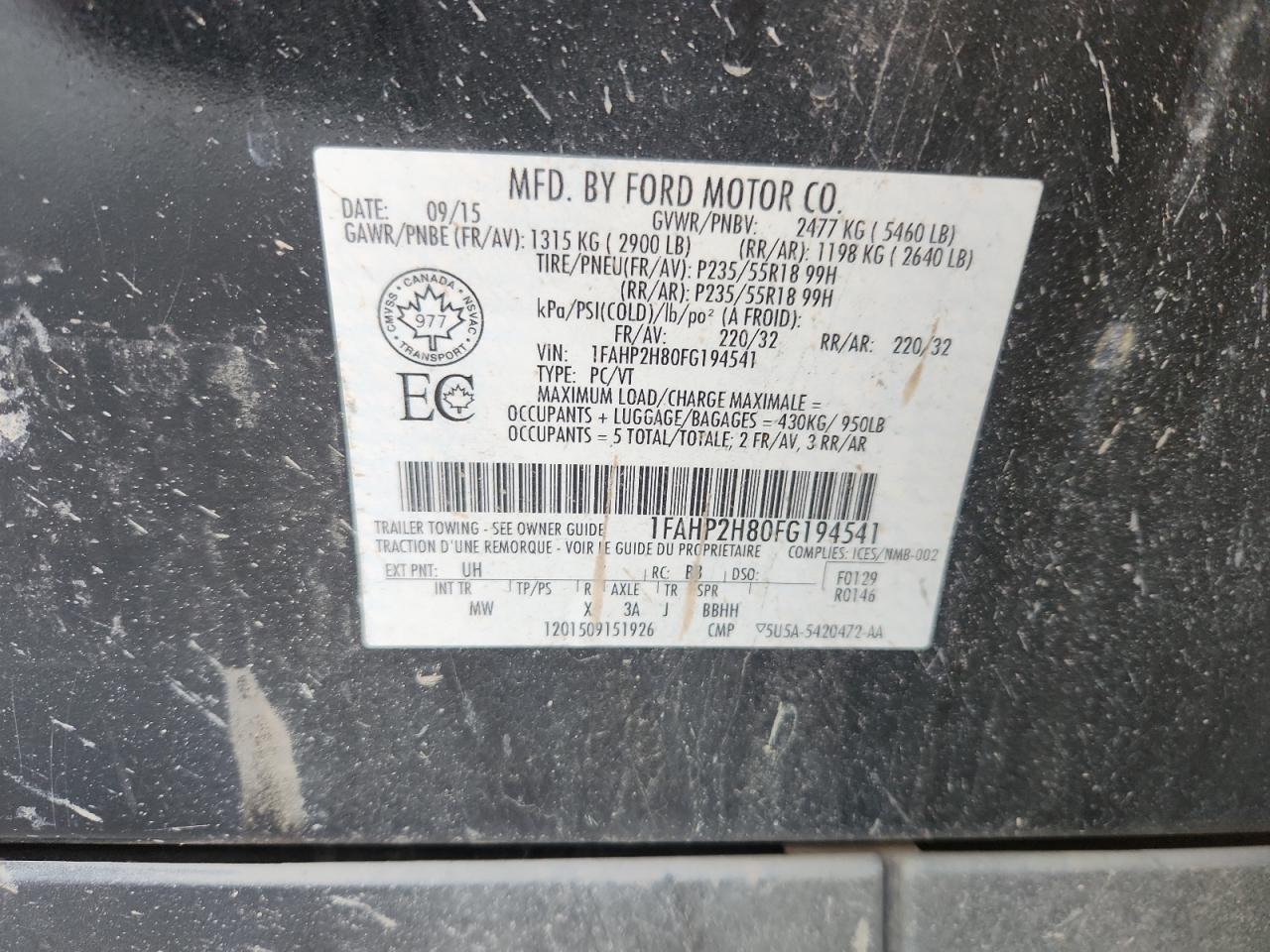 2015 Ford Taurus Sel VIN: 1FAHP2H80FG194541 Lot: 82515145