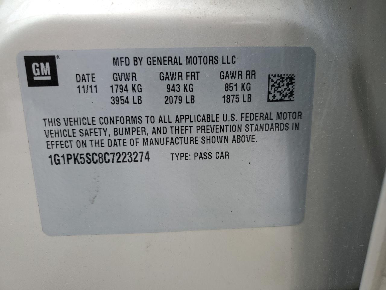 2012 Chevrolet Cruze Eco VIN: 1G1PK5SC8C7223274 Lot: 86089375