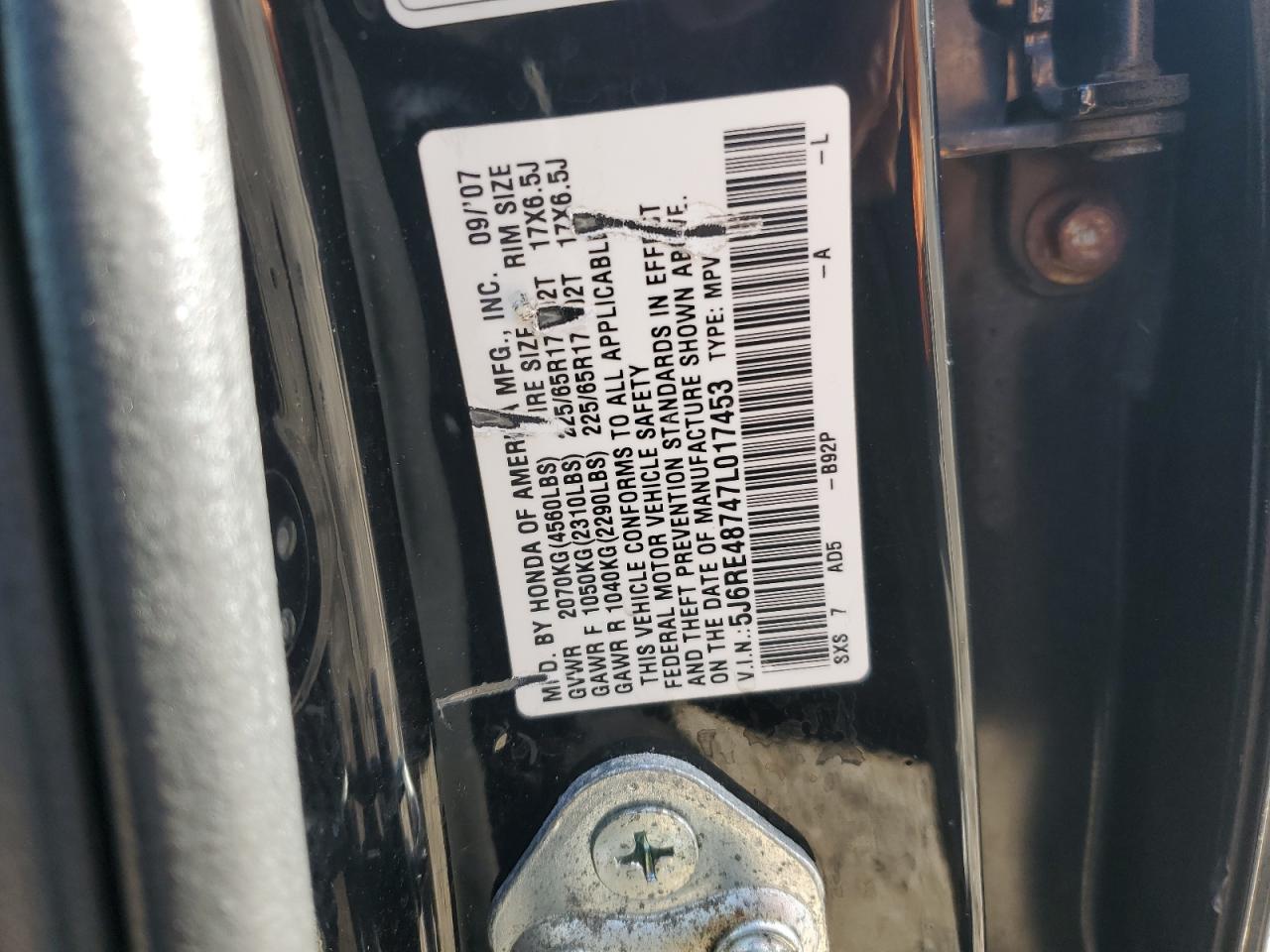 2007 Honda Cr-V Exl VIN: 5J6RE48747L017453 Lot: 90020075