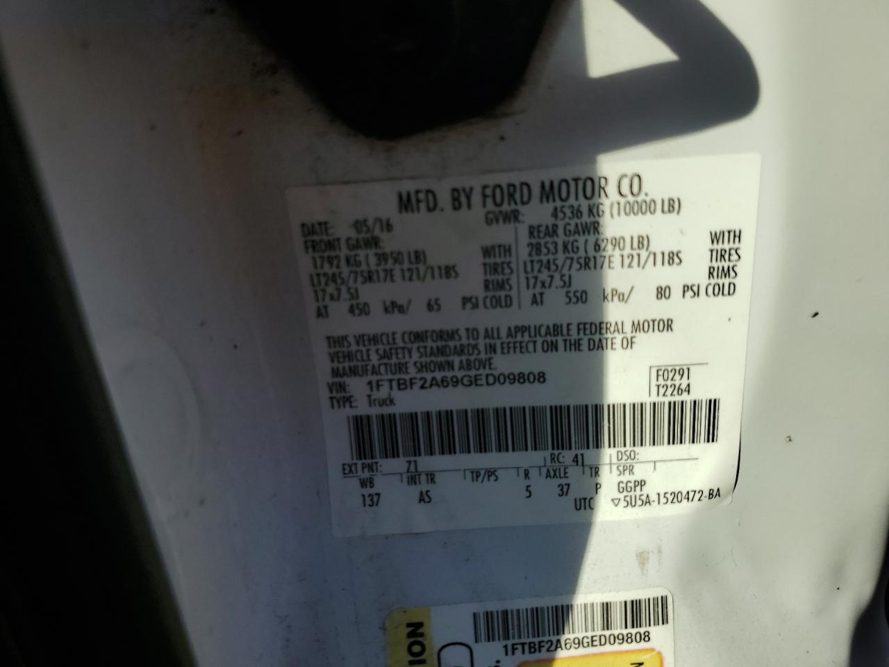 2016 Ford F250 Super Duty VIN: 1FTBF2A69GED09808 Lot: 85756495