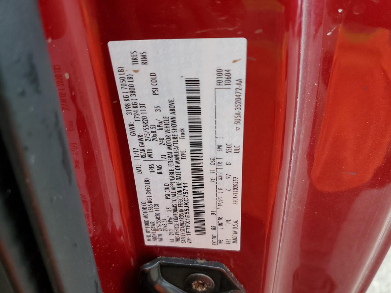 2018 Ford F150 Super Cab VIN: 1FTFX1E55JKC75711 Lot: 82672205