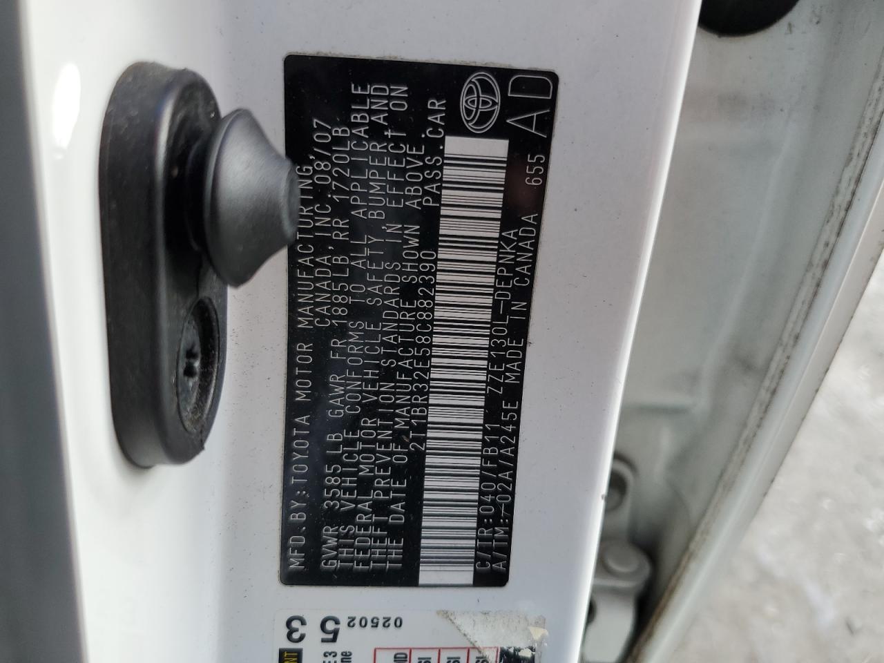 2008 Toyota Corolla Ce VIN: 2T1BR32E58C882390 Lot: 85075015