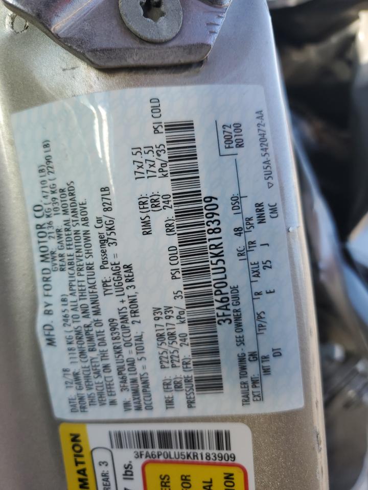 2019 Ford Fusion Se VIN: 3FA6P0LU5KR183909 Lot: 85678865