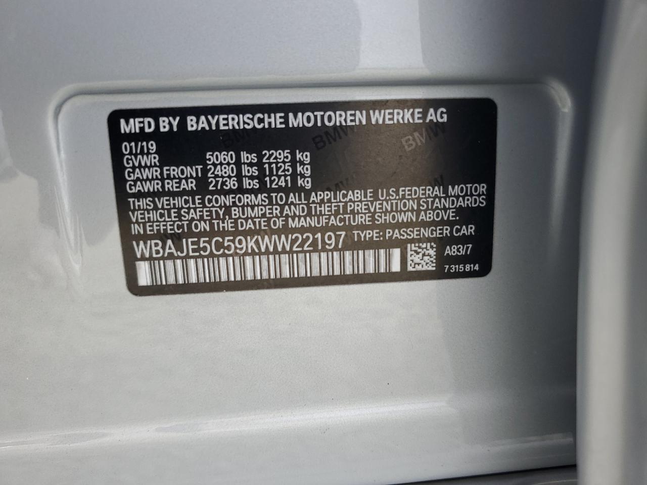 2019 BMW 540 I VIN: WBAJE5C59KWW22197 Lot: 82409265