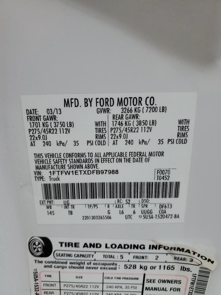 2013 Ford F150 Supercrew VIN: 1FTFW1ETXDFB97988 Lot: 85557975