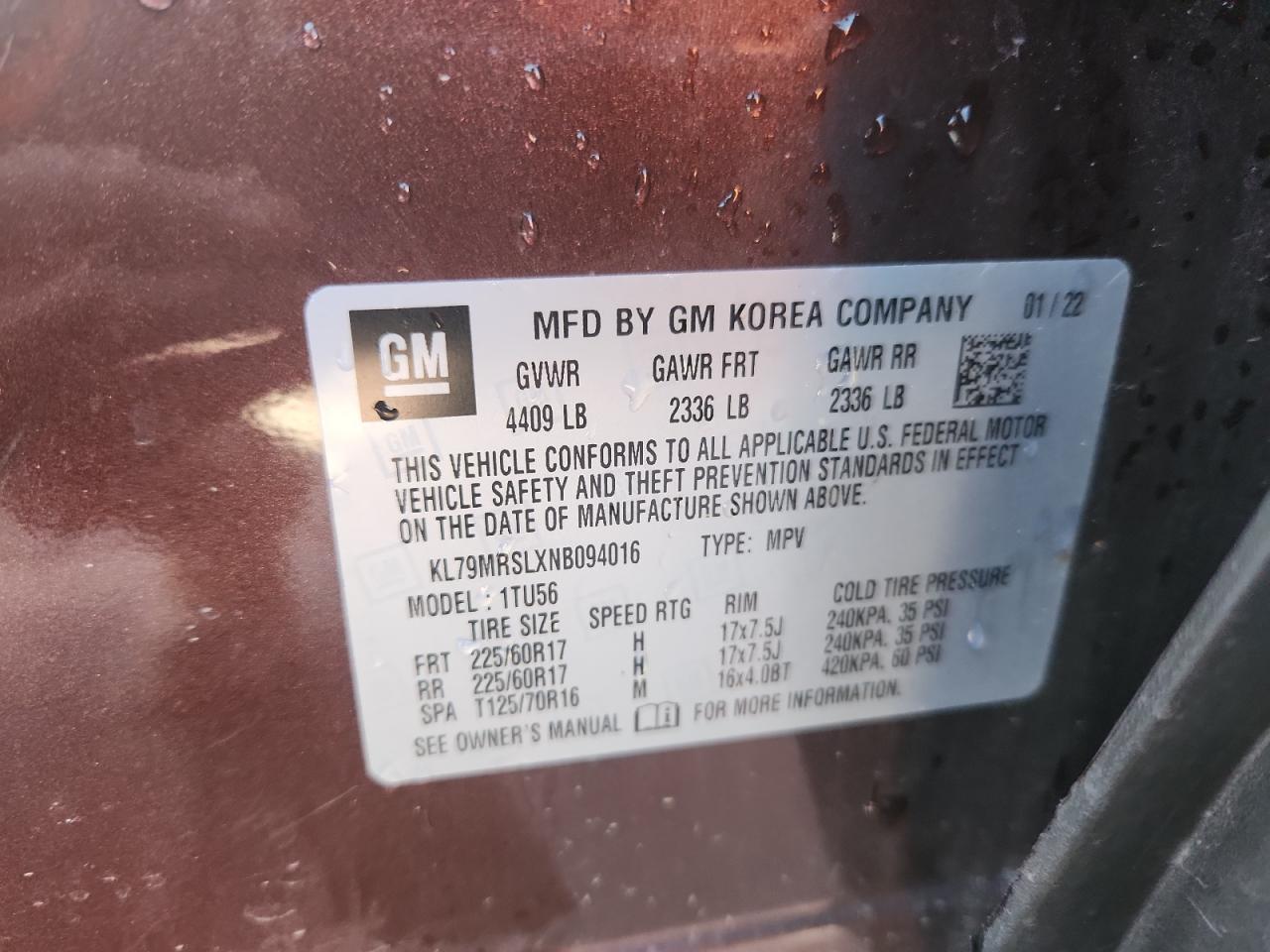 2022 Chevrolet Trailblazer Lt VIN: KL79MRSLXNB094016 Lot: 85937265