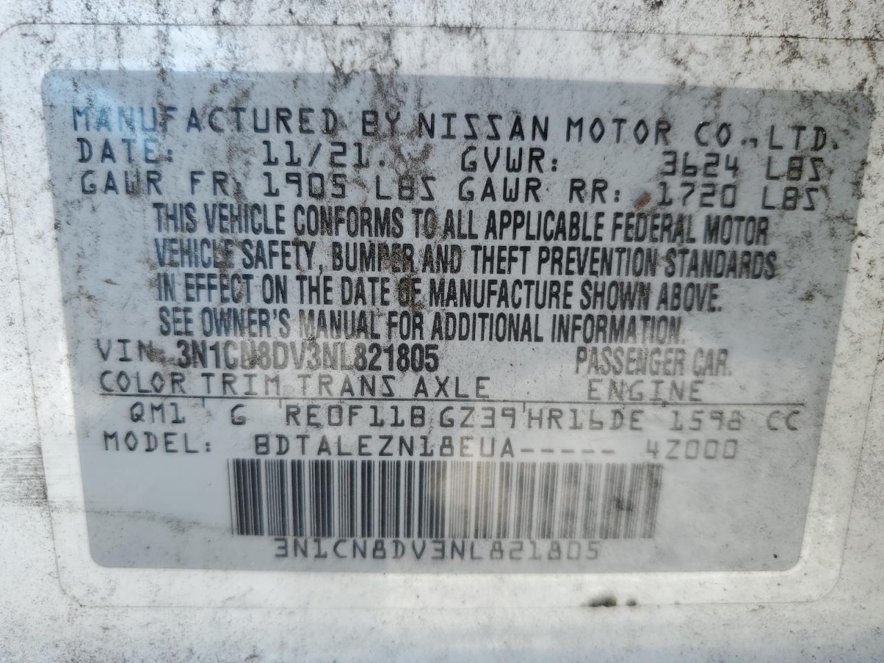 2022 Nissan Versa S VIN: 3N1CN8DV3NL821805 Lot: 90424845
