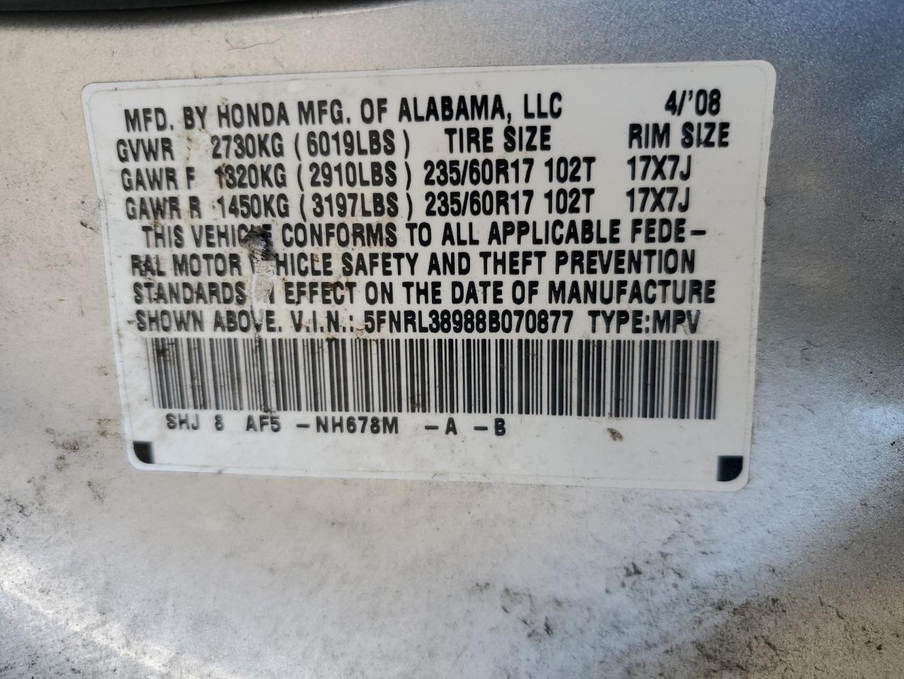 2008 Honda Odyssey Touring VIN: 5FNRL38988B070877 Lot: 89704215