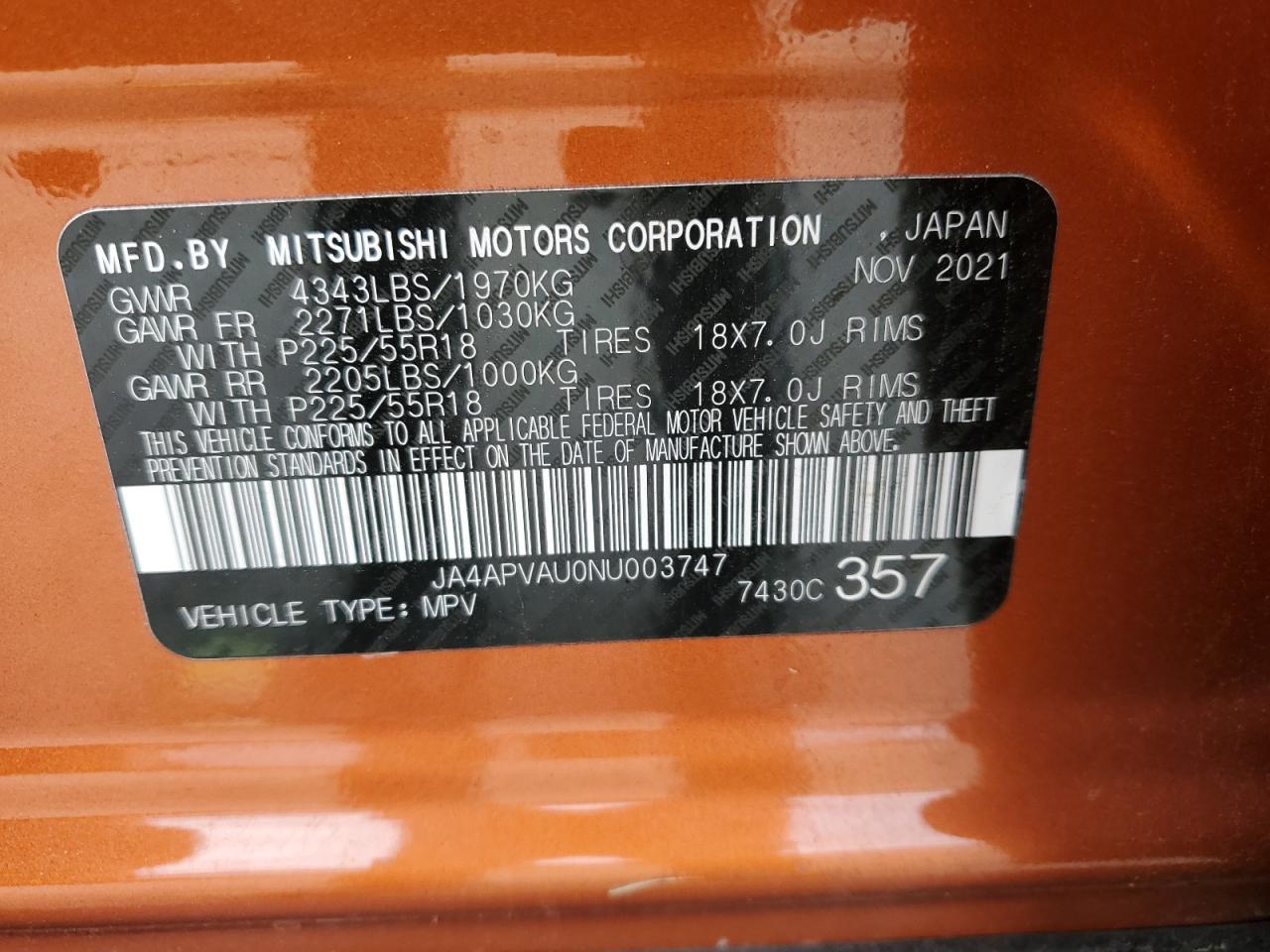 2022 Mitsubishi Outlander Sport Se VIN: JA4APVAU0NU003747 Lot: 85901215