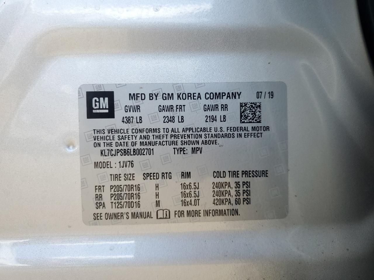 2020 Chevrolet Trax 1Lt VIN: KL7CJPSB6LB002701 Lot: 84883075