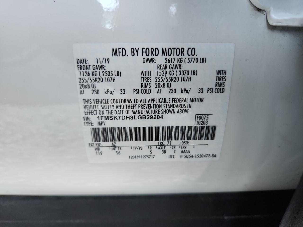 2020 Ford Explorer Xlt VIN: 1FMSK7DH8LGB29204 Lot: 82620185