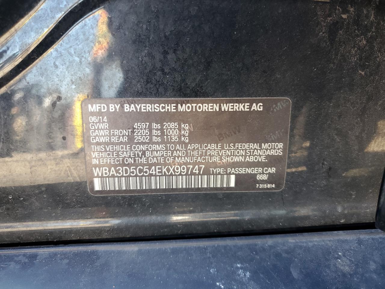 2014 BMW 328 D xDrive VIN: WBA3D5C54EKX99747 Lot: 85924515