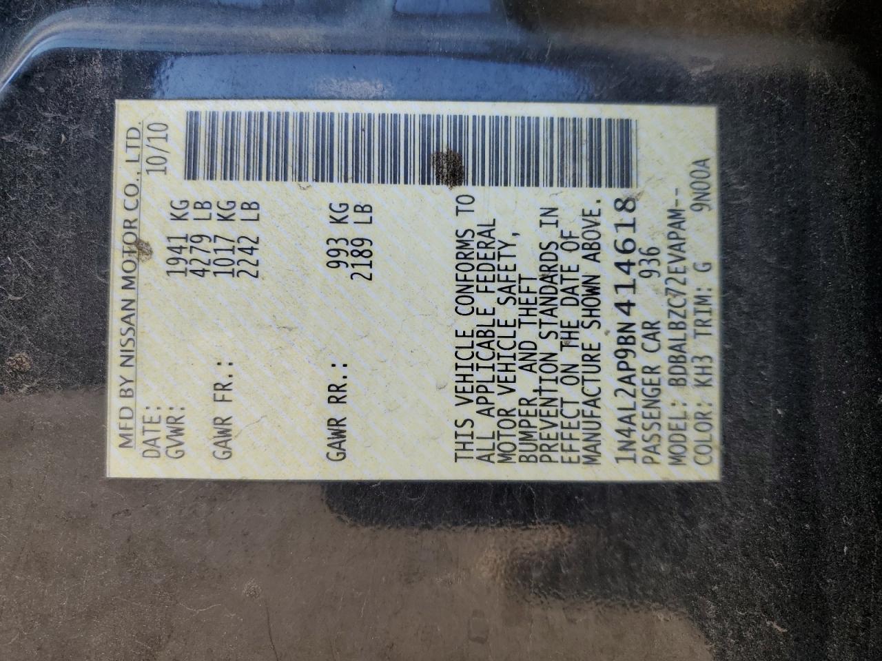 2011 Nissan Altima Base VIN: 1N4AL2AP9BN414618 Lot: 82266315