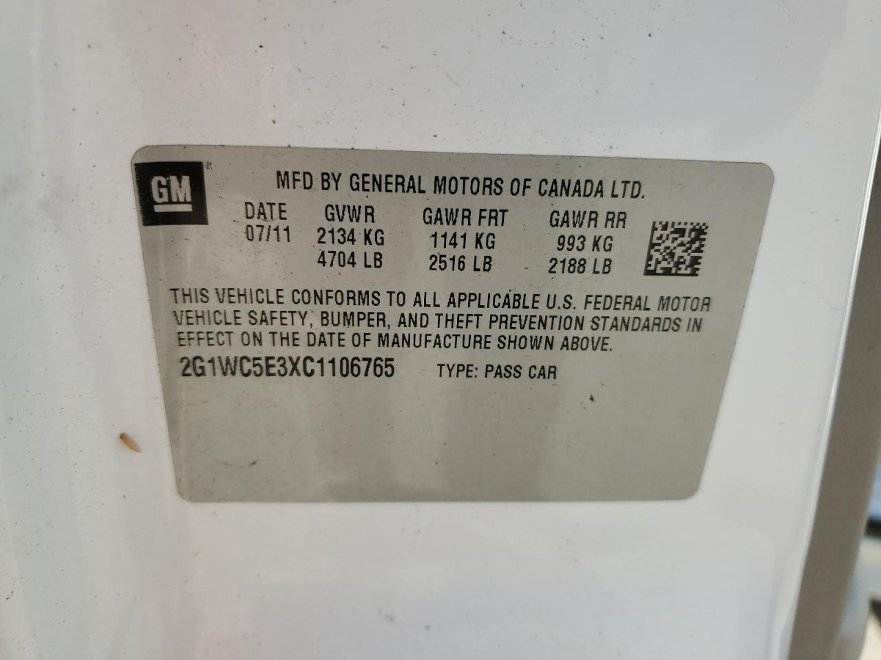 2012 Chevrolet Impala Ltz VIN: 2G1WC5E3XC1106765 Lot: 86440955