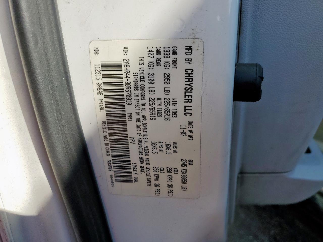 2008 Chrysler Town & Country Lx VIN: 2A8HR44H88R670910 Lot: 85289545