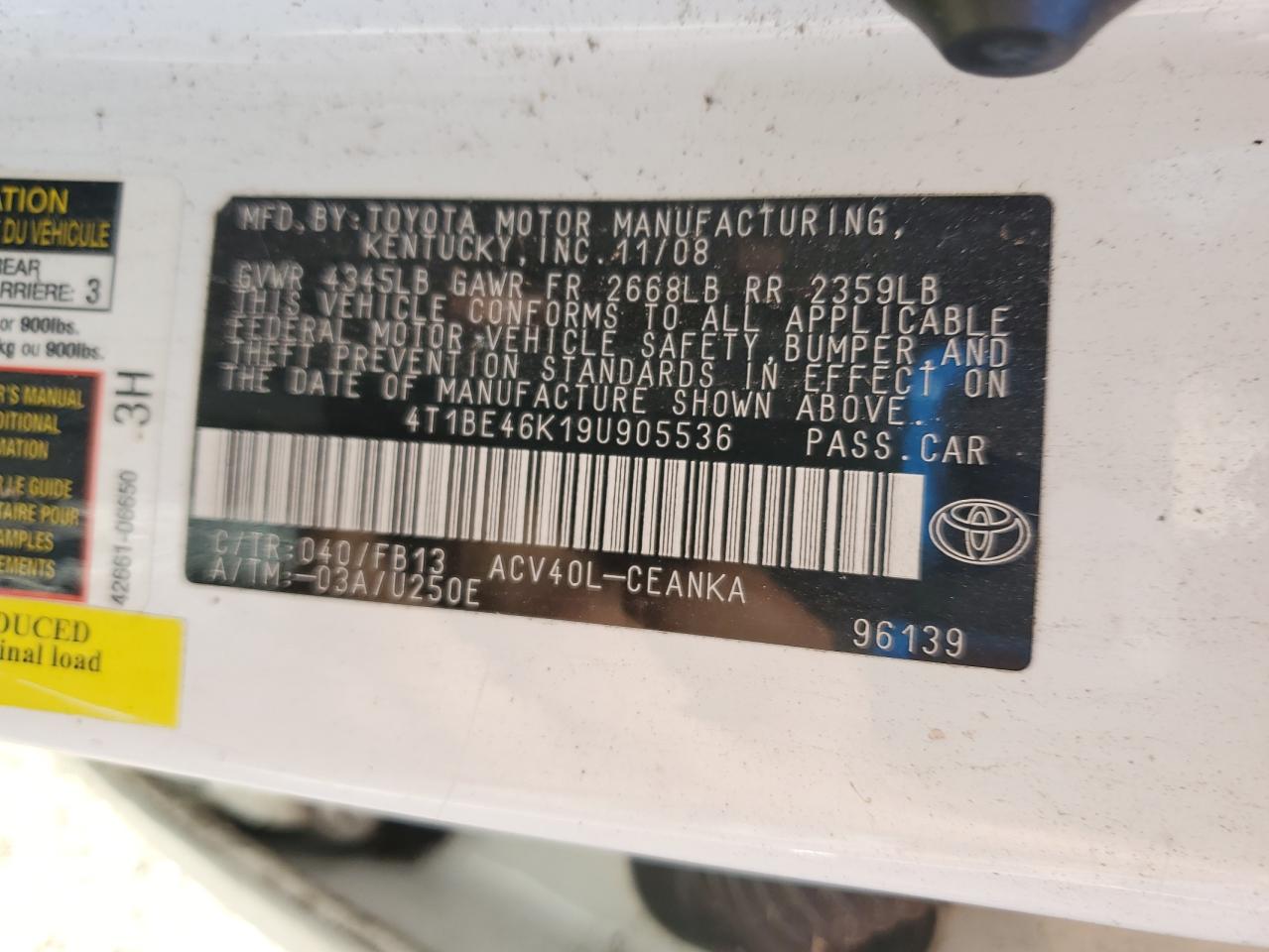 2009 Toyota Camry Base VIN: 4T1BE46K19U905536 Lot: 81946325