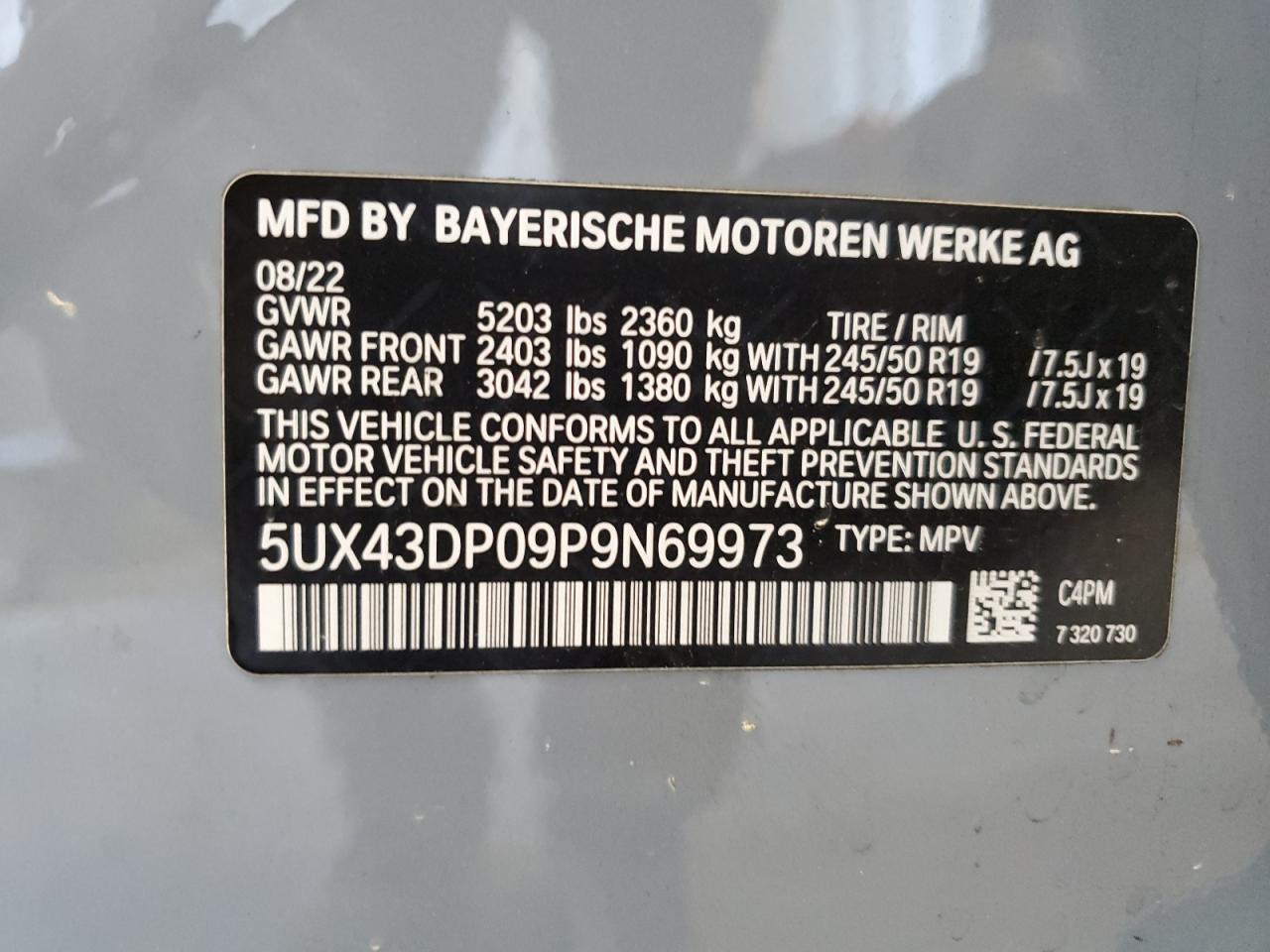 2023 BMW X3 Sdrive30I VIN: 5UX43DP09P9N69973 Lot: 85509535