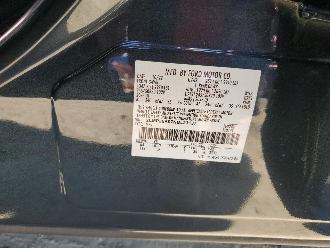 2022 Lincoln Nautilus Reserve VIN: 2LMPJ6K97NBL23137 Lot: 84470015