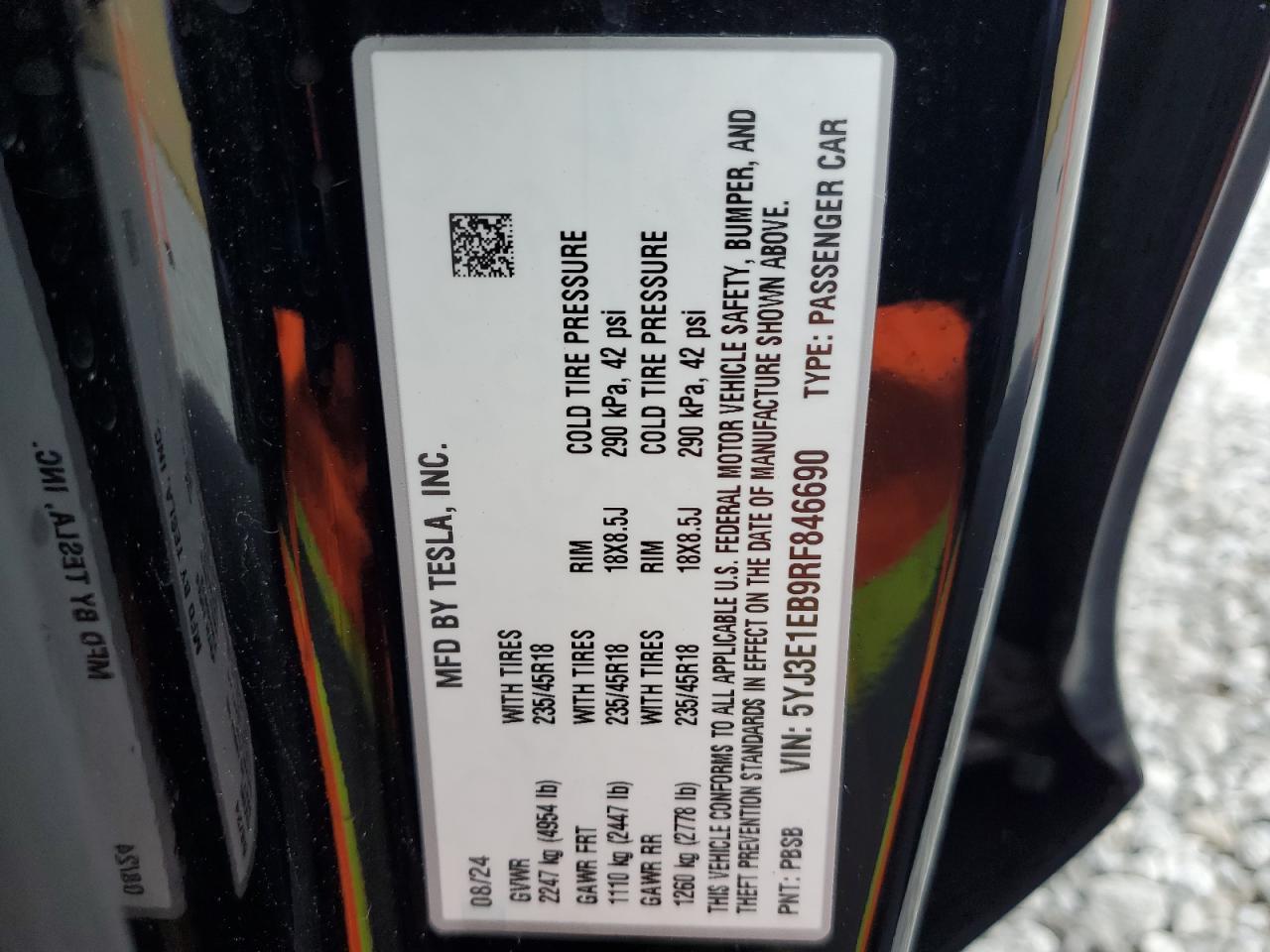 2024 Tesla Model 3 VIN: 5YJ3E1EB9RF846690 Lot: 82700735