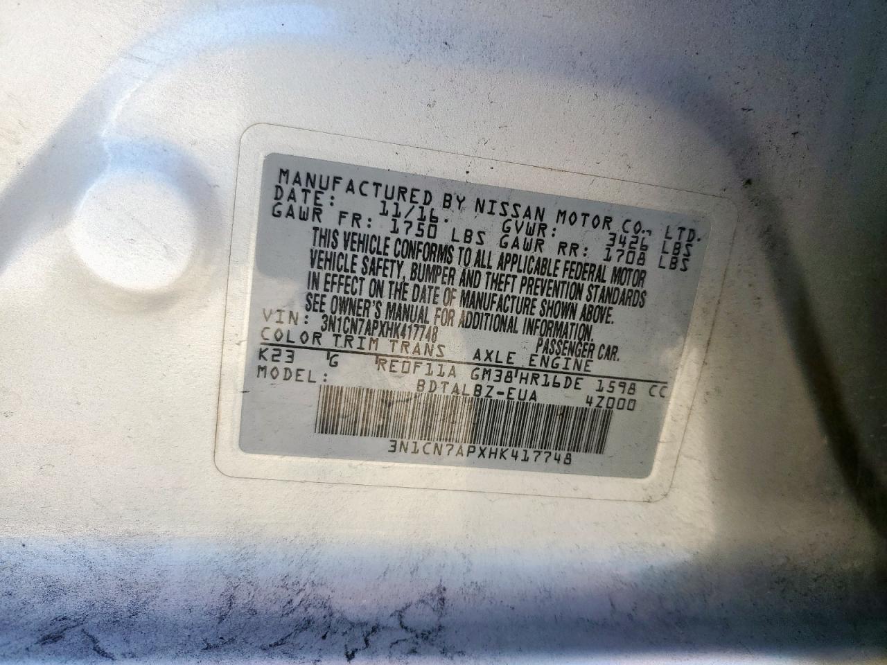 2017 Nissan Versa S VIN: 3N1CN7APXHK417748 Lot: 82502365