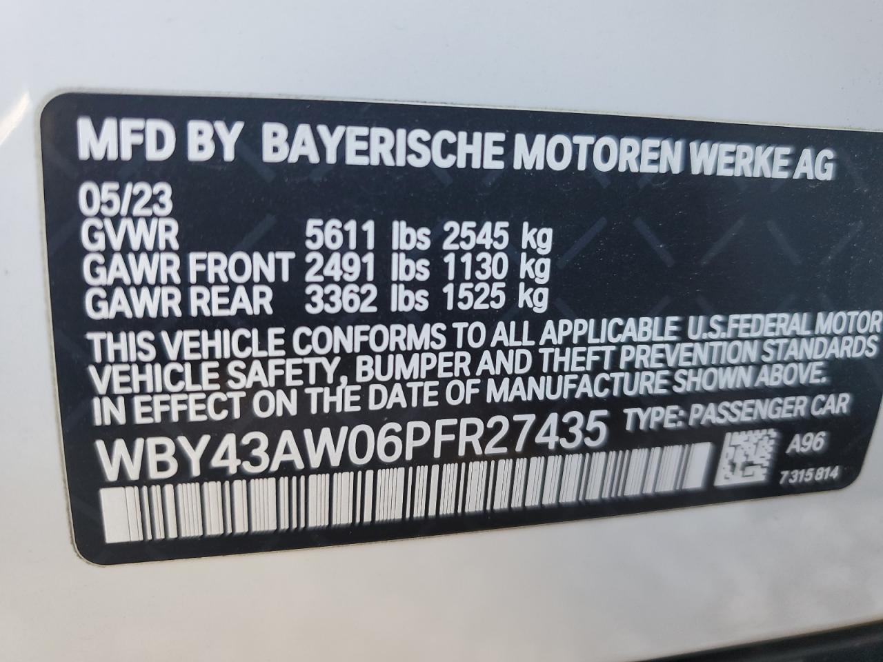 2023 BMW I4 Edrive 35 VIN: WBY43AW06PFR27435 Lot: 90037735