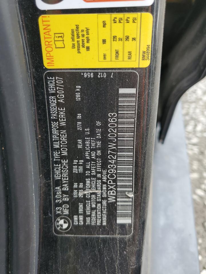 2007 BMW X3 3.0Si VIN: WBXPC93427WJ02063 Lot: 85292215