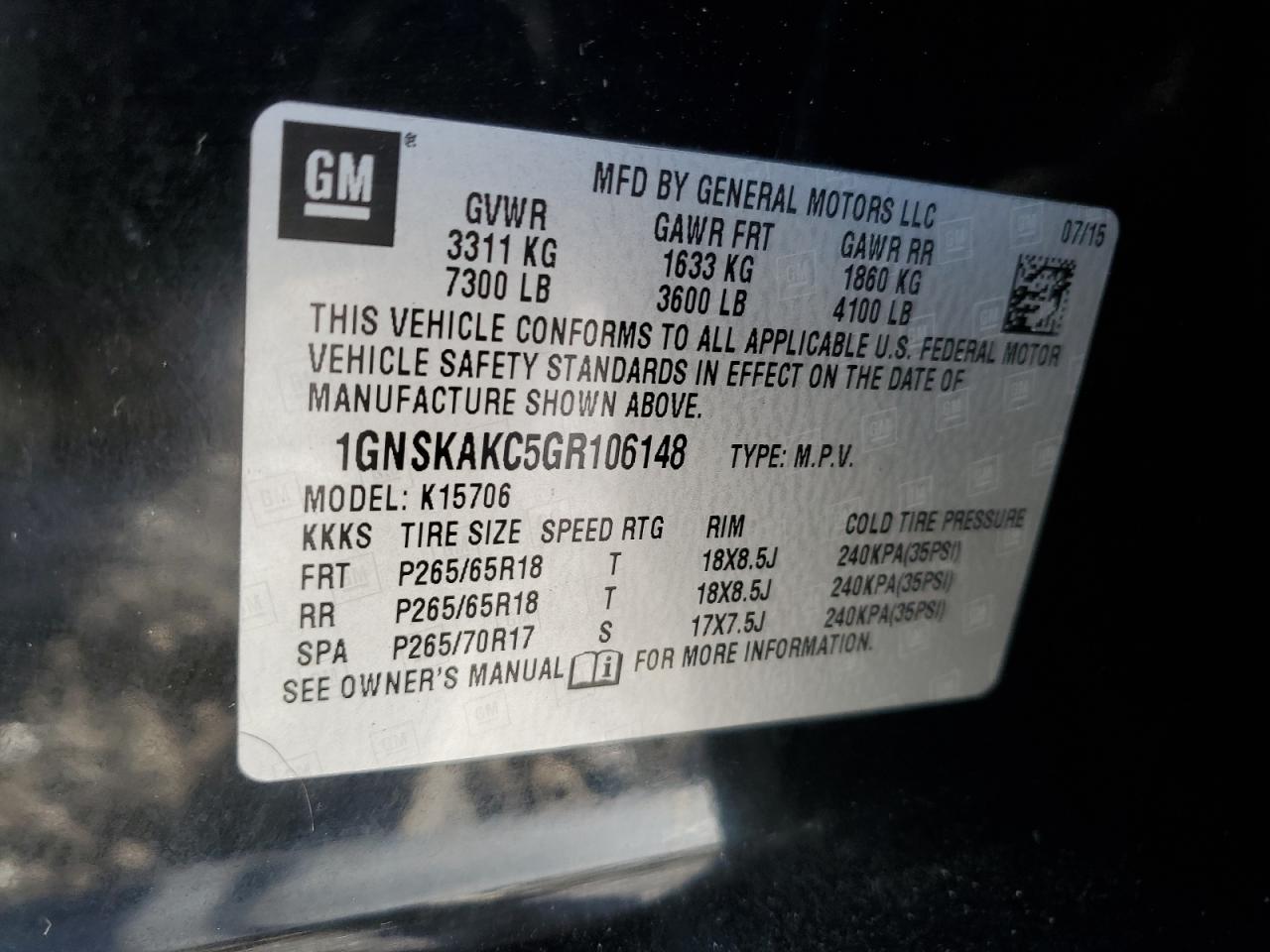2016 Chevrolet Tahoe K1500 Ls VIN: 1GNSKAKC5GR106148 Lot: 89702205