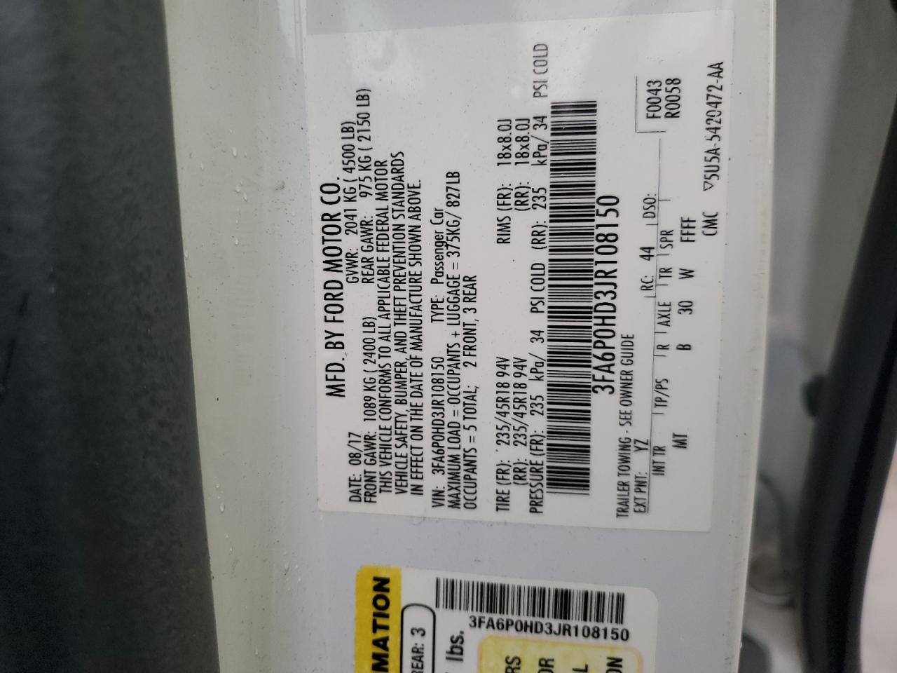 2018 Ford Fusion Se VIN: 3FA6P0HD3JR108150 Lot: 89934415