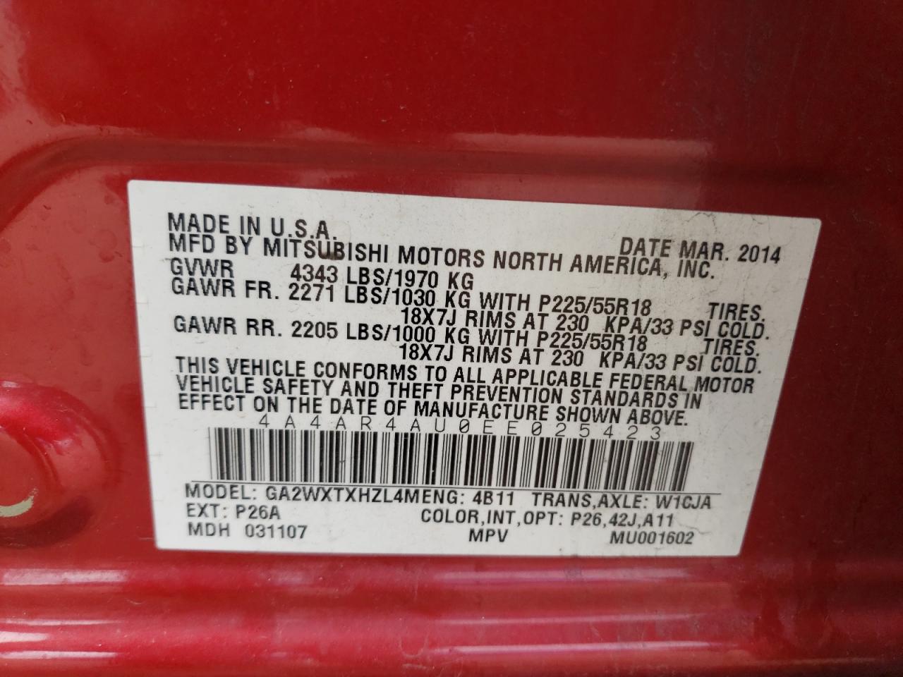 2014 Mitsubishi Outlander Sport Se VIN: 4A4AR4AU0EE025423 Lot: 82295945