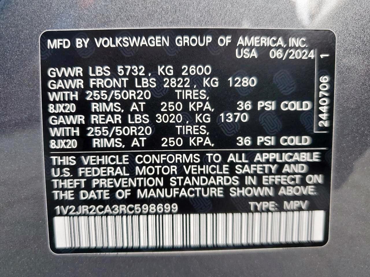 2024 Volkswagen Atlas Se VIN: 1V2JR2CA3RC598699 Lot: 84902785