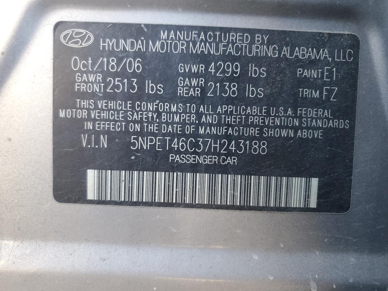 2007 Hyundai Sonata Gls VIN: 5NPET46C37H243188 Lot: 84997215