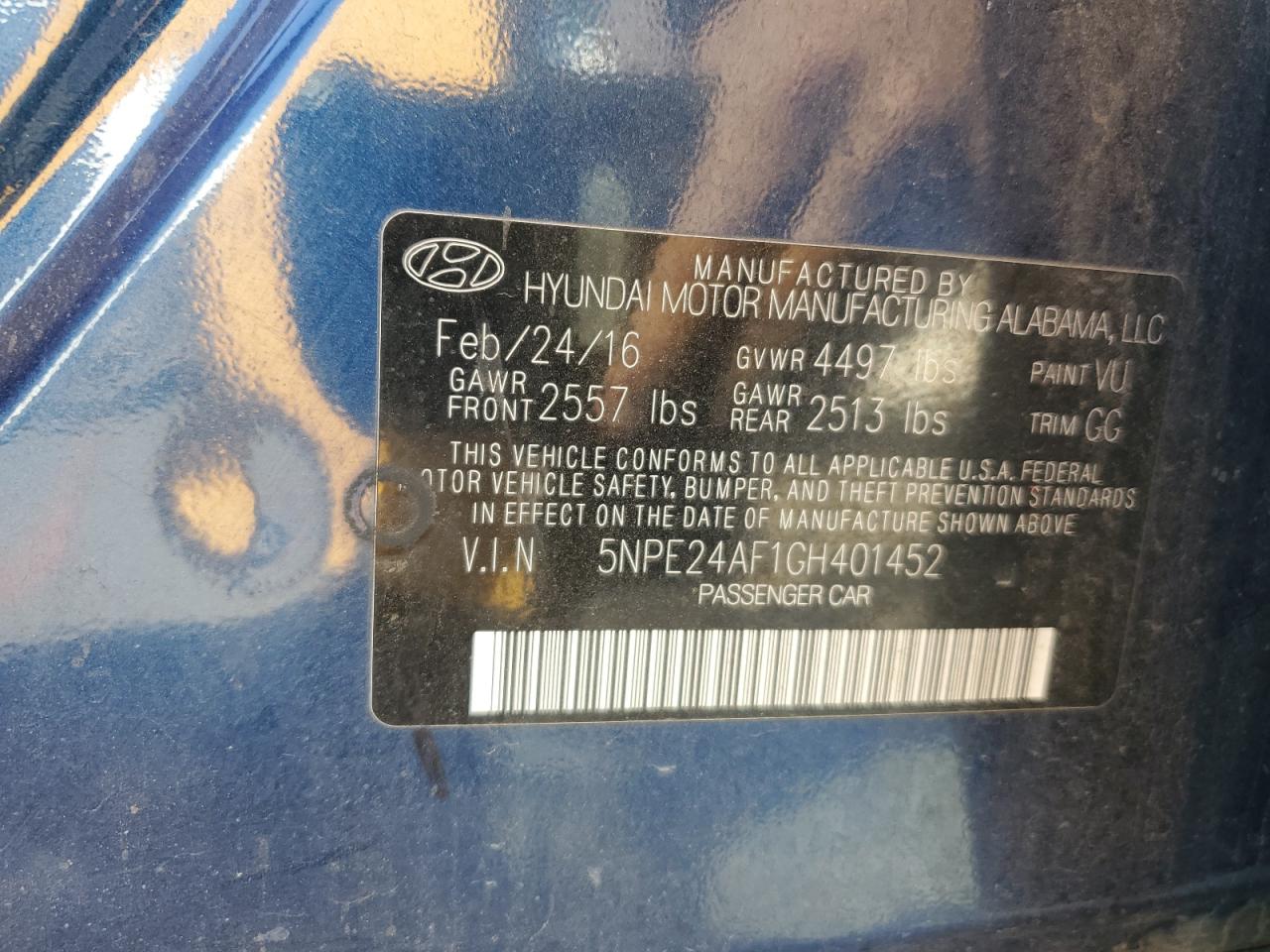 2016 Hyundai Sonata Se VIN: 5NPE24AF1GH401452 Lot: 86333375