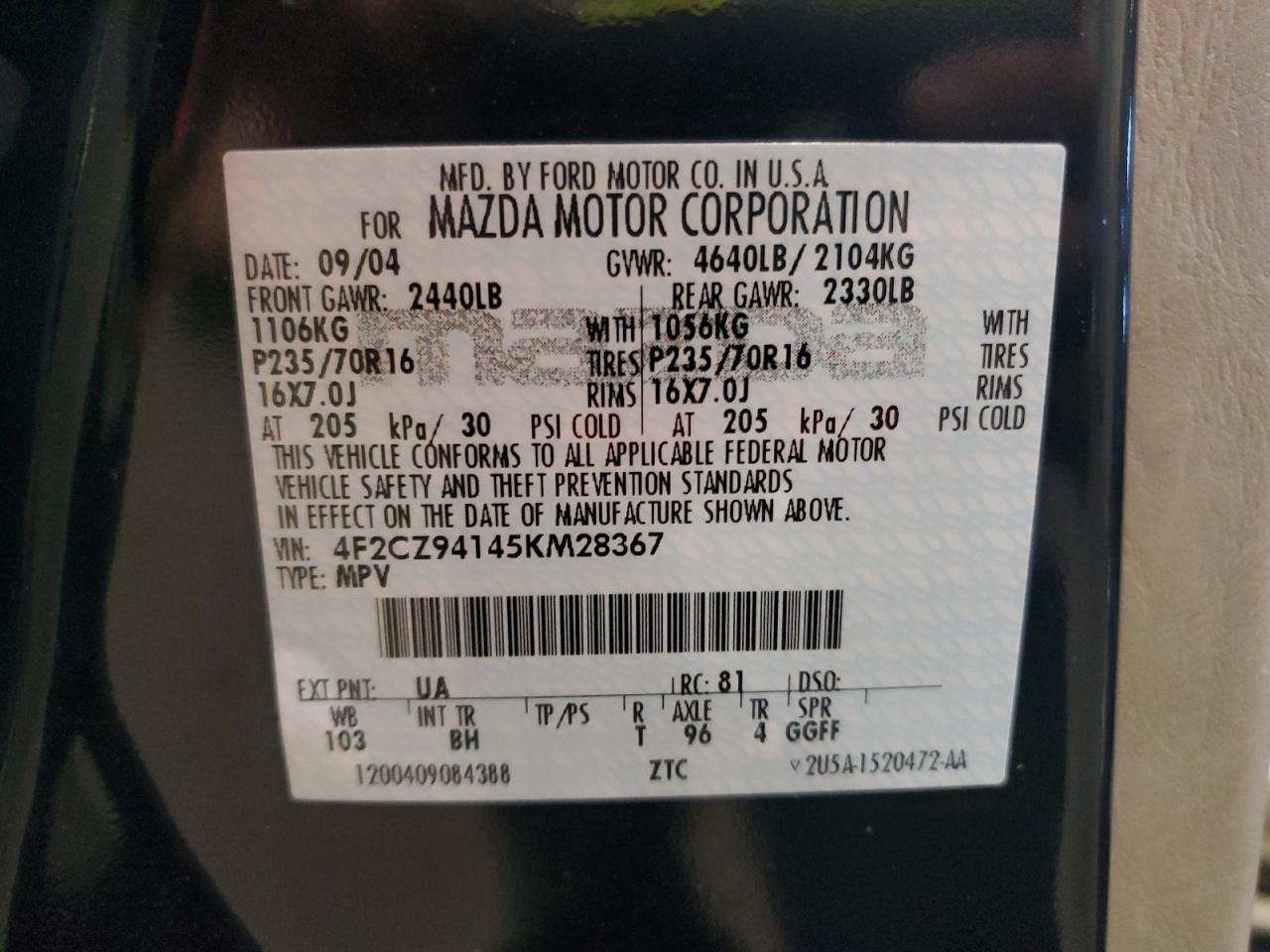 2005 Mazda Tribute S VIN: 4F2CZ94145KM28367 Lot: 82195495