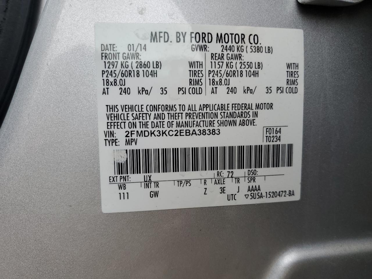 2014 Ford Edge Limited VIN: 2FMDK3KC2EBA38383 Lot: 86682315