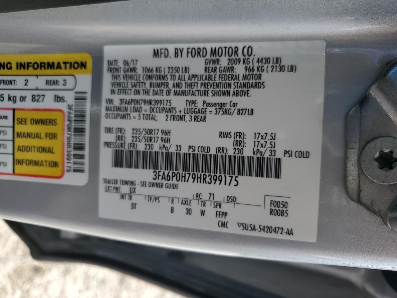 2017 Ford Fusion Se VIN: 3FA6P0H79HR399175 Lot: 84792335