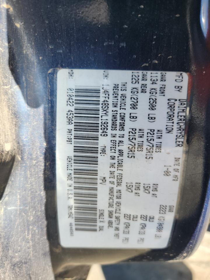 2000 Jeep Cherokee Sport VIN: 1J4FF48SXYL192649 Lot: 87489755