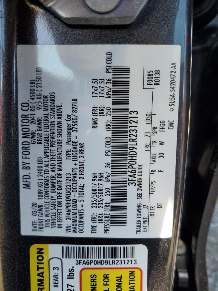 2020 Ford Fusion Se VIN: 3FA6P0HD9LR231213 Lot: 85543265