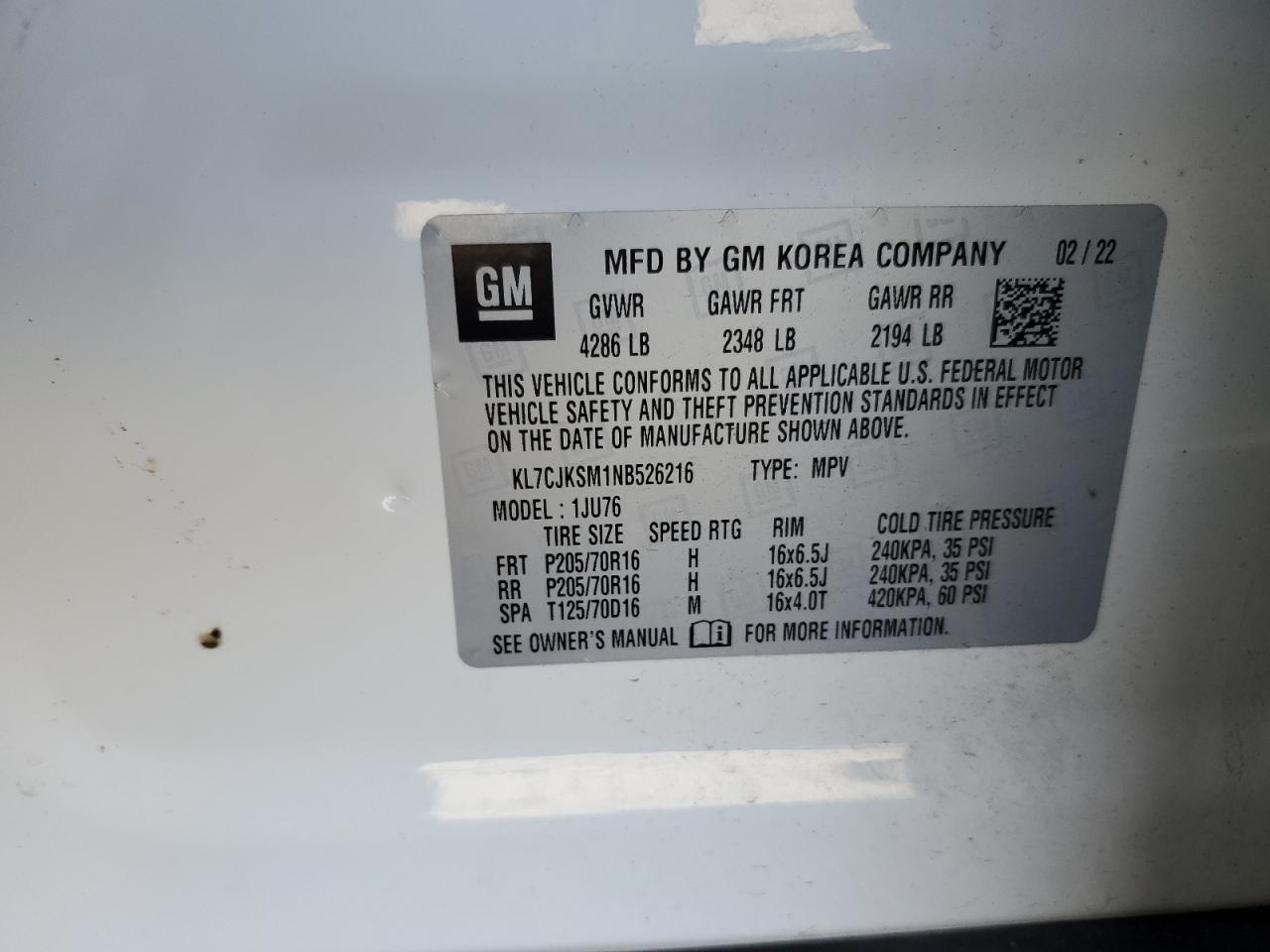 2022 Chevrolet Trax Ls VIN: KL7CJKSM1NB526216 Lot: 86885535