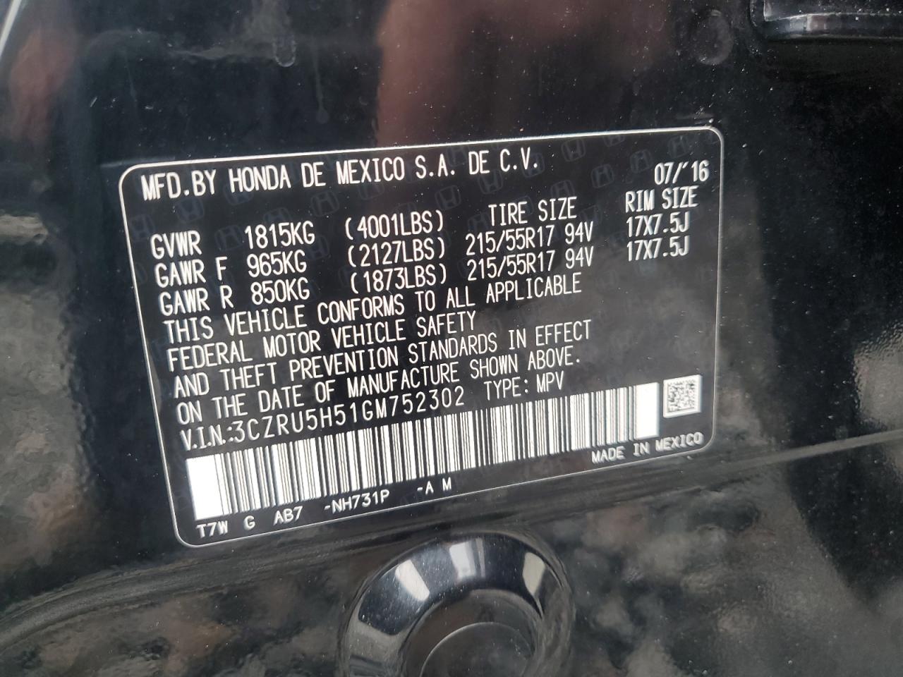 2016 Honda Hr-V Ex VIN: 3CZRU5H51GM752302 Lot: 85340375