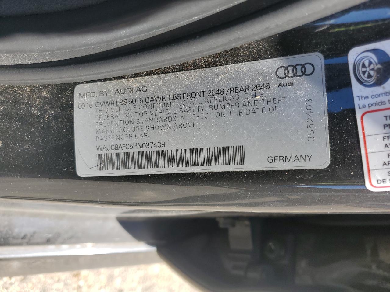 2017 Audi A6 Premium VIN: WAUC8AFC5HN037408 Lot: 84722945